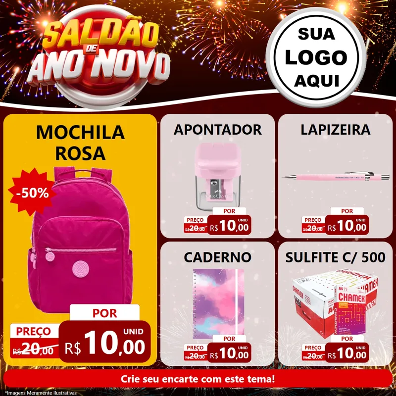 Modelo de Rede Social para Feed Facebook com o tema Saldão de Ano Novo para Papelaria