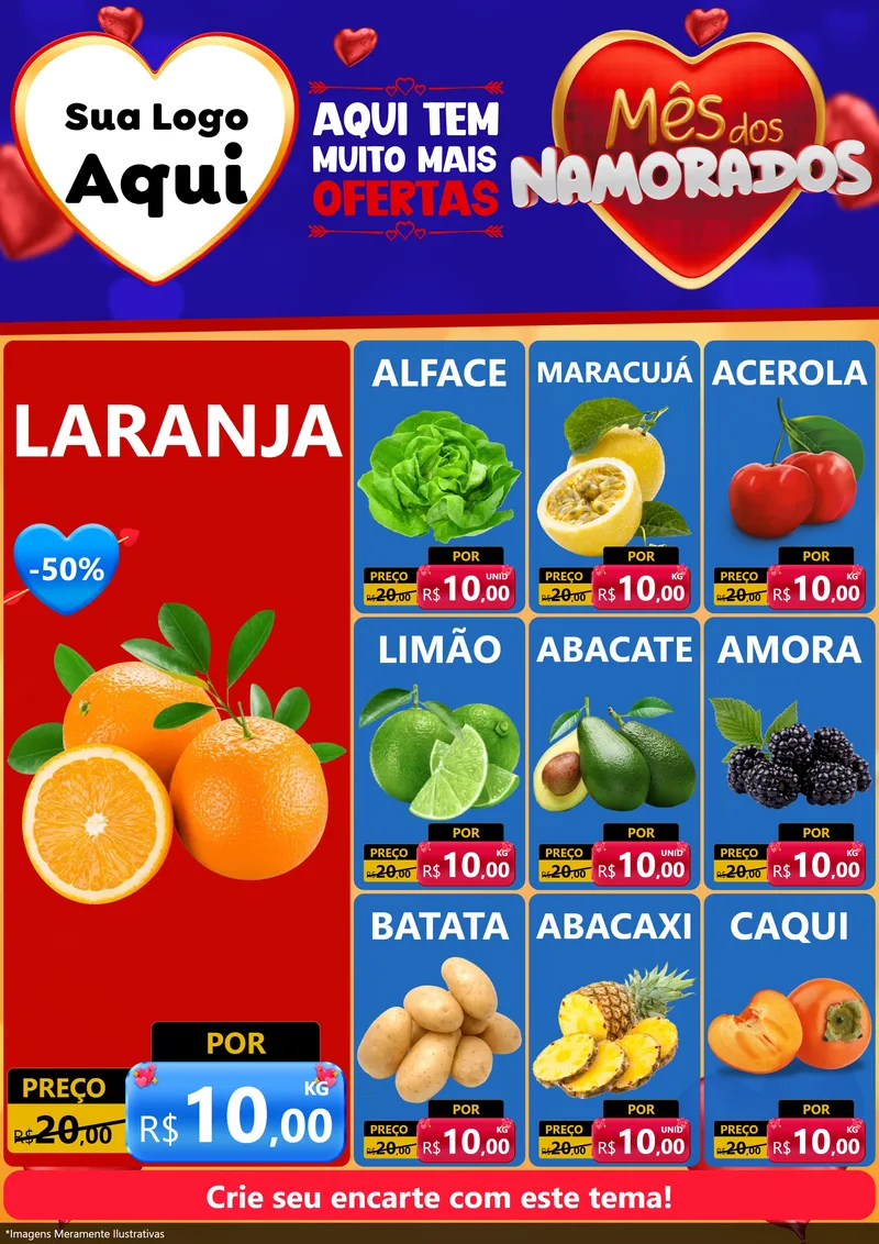 Modelo de Encarte para Encarte A4 Vertical com o tema Mês dos Namorados para Hortifrúti