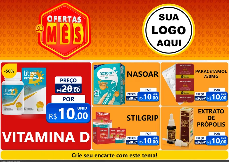 Modelo de Encarte para Encarte A4 Horizontal com o tema Ofertas do Mês para Farmácia