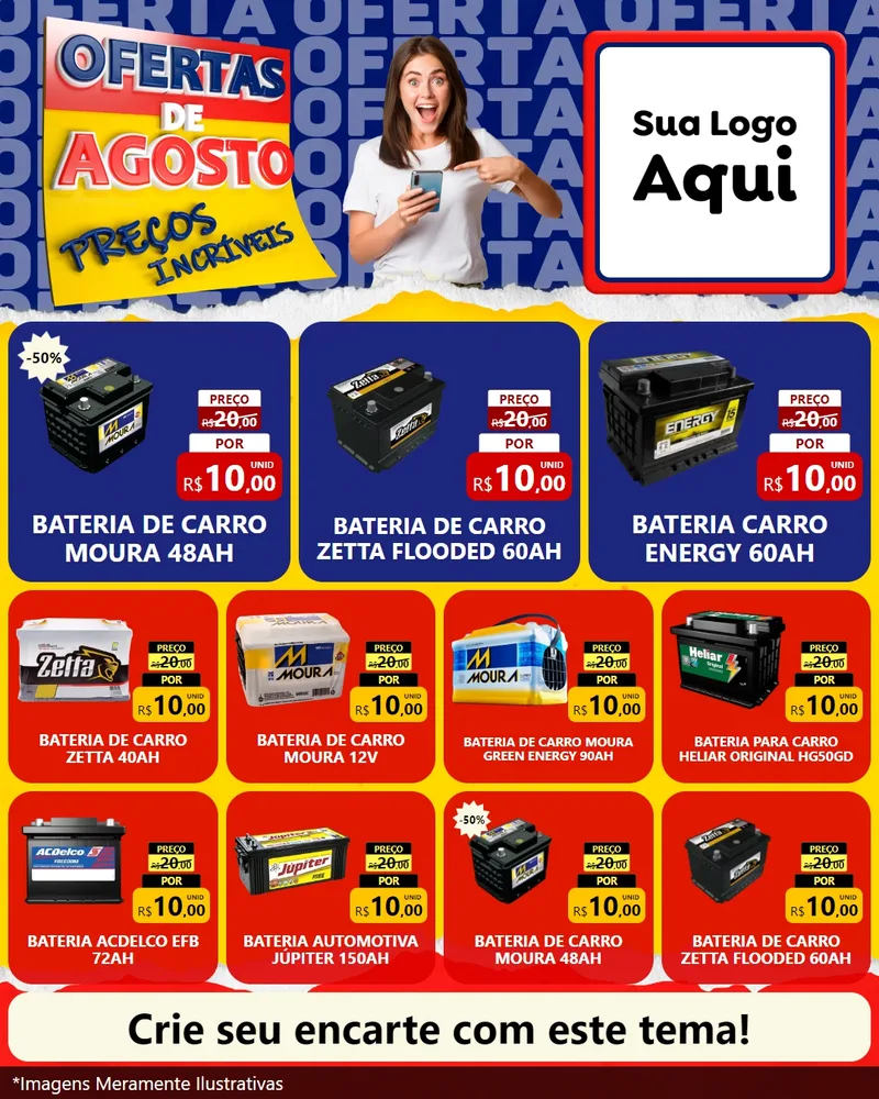 Modelo de Rede Social para Feed Instagram com o tema Ofertas de Agosto - Preços Incríveis para Baterias Elétricas