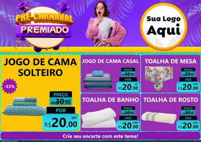 Modelo de Encarte para Encarte A4 Horizontal com o tema Pré-Carnaval Premiado para Cama, Mesa e Banho
