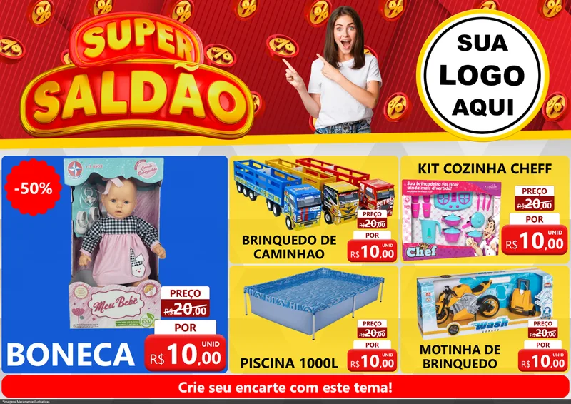 Modelo de Encarte para Encarte A4 Horizontal com o tema Super Saldão para Brinquedos
