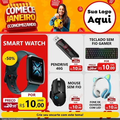 Modelo de Rede Social para Feed Facebook com o tema Comece Janeiro Economizando para Informática
