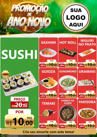Modelo de Encarte para Encarte A4 Vertical com o tema Promoção de Ano Novo para Comida japonesa