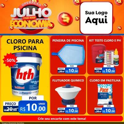 Modelo de Rede Social para Feed Facebook com o tema Operação Julho Com Mais Economia para Produtos para Piscina