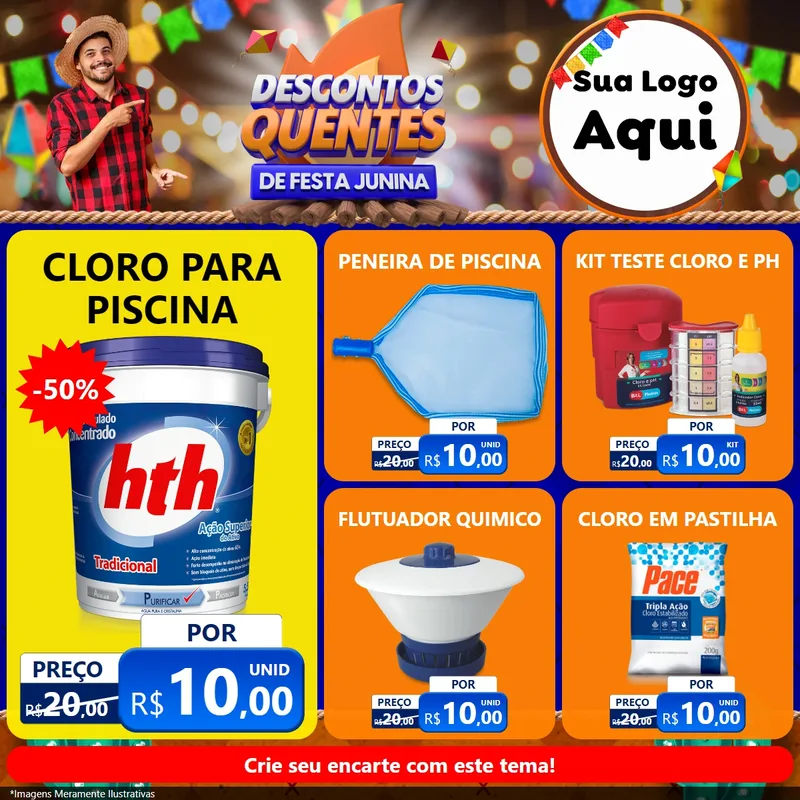 Modelo de Rede Social para Feed Facebook com o tema Descontos Quentes de Festa Junina para Produtos para Piscina