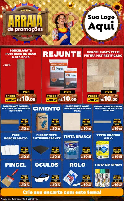 Modelo de Encarte para Encarte Grande com o tema Arraiá de Promoções para Pisos e revestimentos