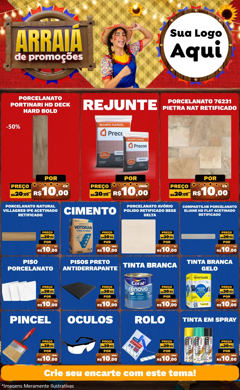 Modelo de Encarte para Encarte Grande com o tema Arraiá de Promoções para Pisos e revestimentos