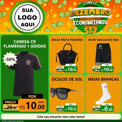 Modelo de Rede Social para Feed Facebook com o tema Comece Dezembro Economizando para Roupas e acessórios