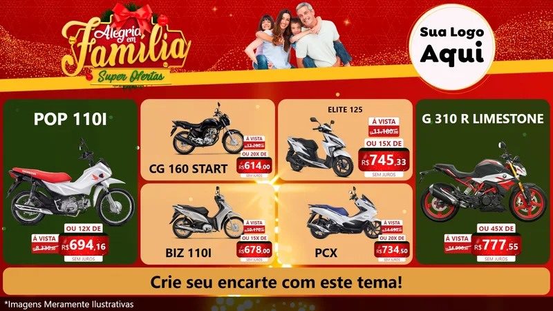 Modelo de TV para TV Horizontal com o tema Alegria em Família Super Ofertas - Natal para Concessionaria de Motos