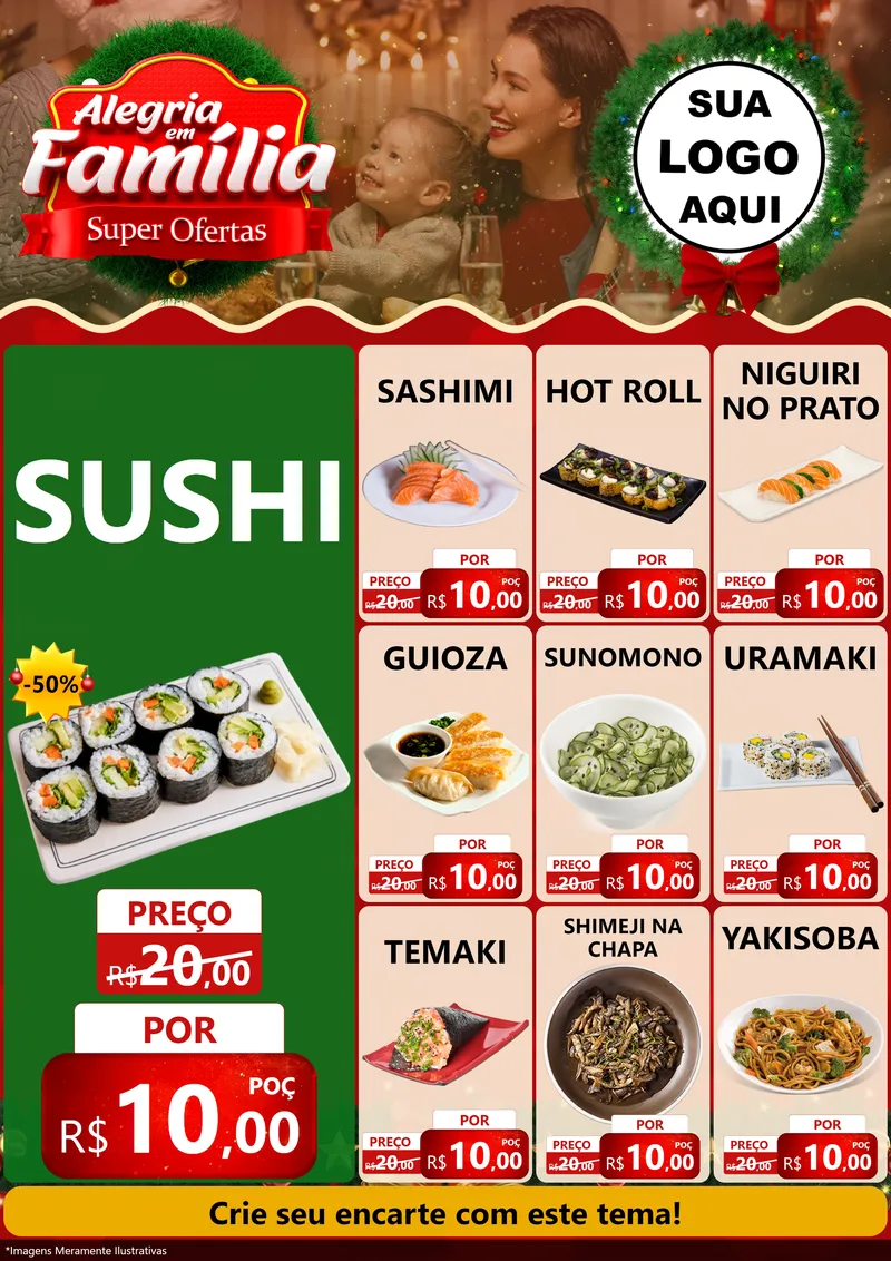 Modelo de Encarte para Encarte A4 Vertical com o tema Alegria Em Família - Super Ofertas para Comida japonesa