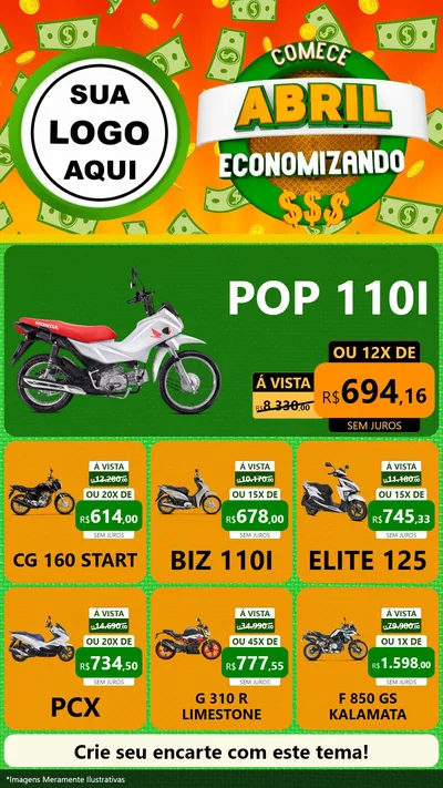 Modelo de Rede Social para Stories com o tema Comece Abril Economizando para Concessionaria de Motos
