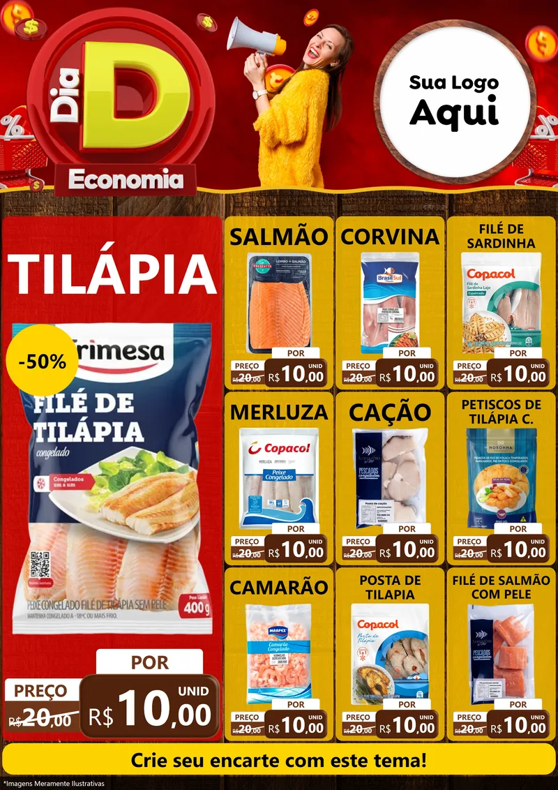 Modelo de Encarte para Encarte A4 Vertical com o tema Dia D Economia para Peixaria