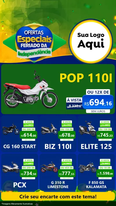 Modelo de Rede Social para Stories com o tema Ofertas Especiais Feriado da Independência para Concessionaria de Motos