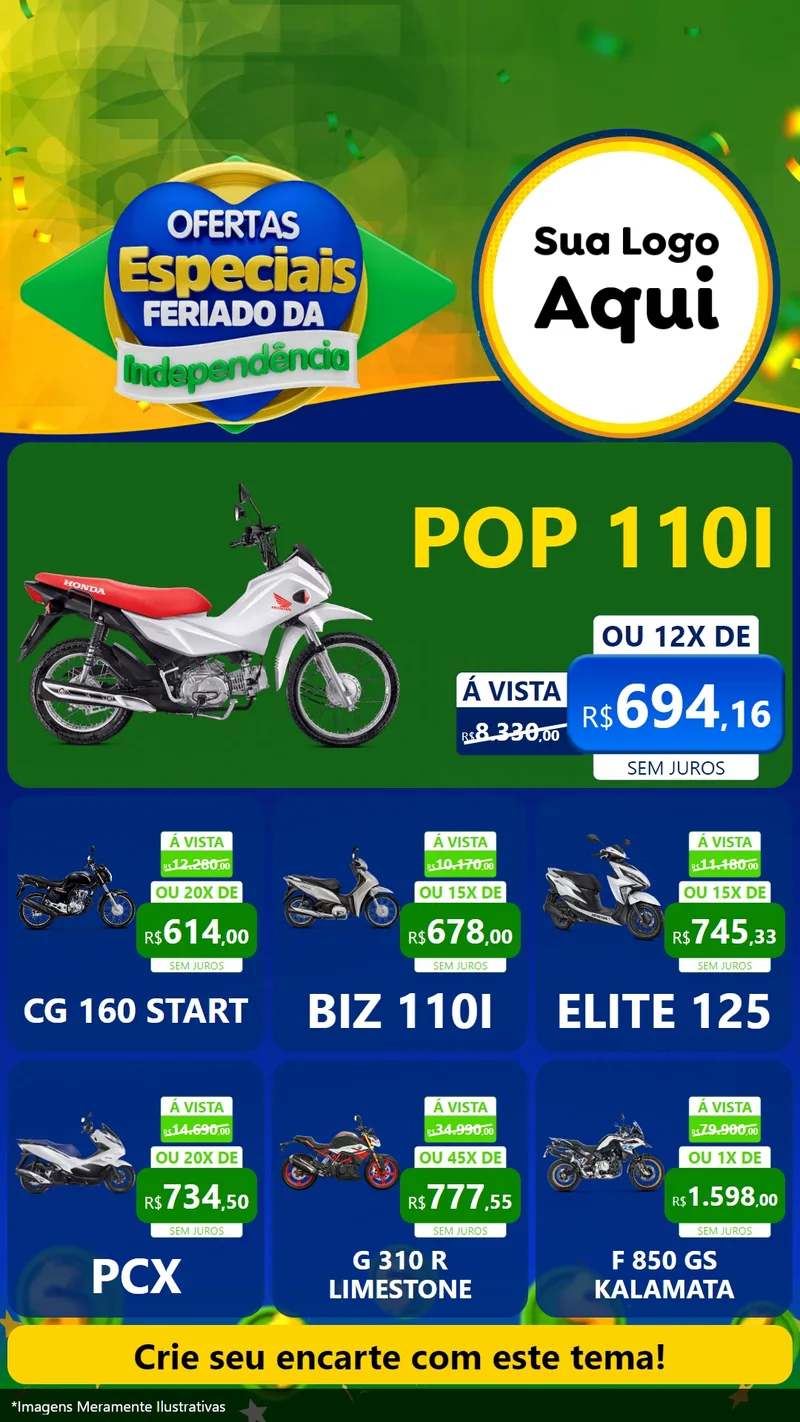 Modelo de Rede Social para Stories com o tema Ofertas Especiais Feriado da Independência para Concessionaria de Motos