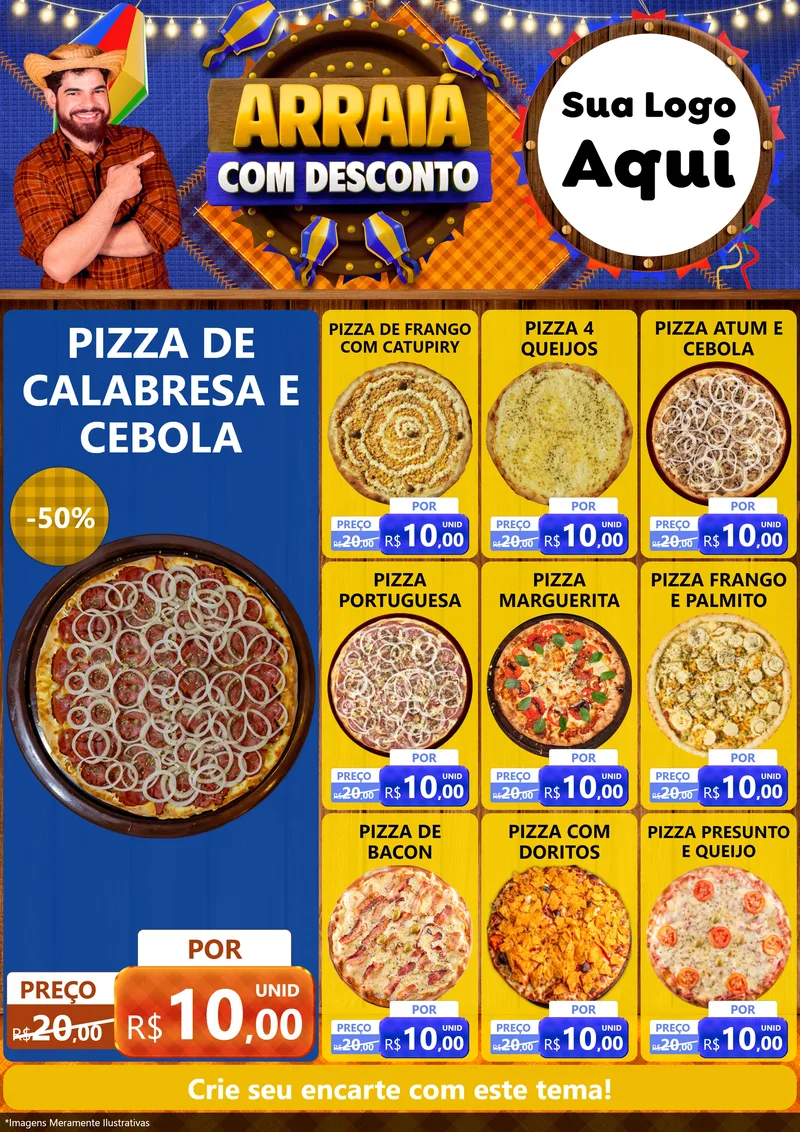 Modelo de Encarte para Encarte A4 Vertical com o tema Arraiá Com Desconto para Pizzaria