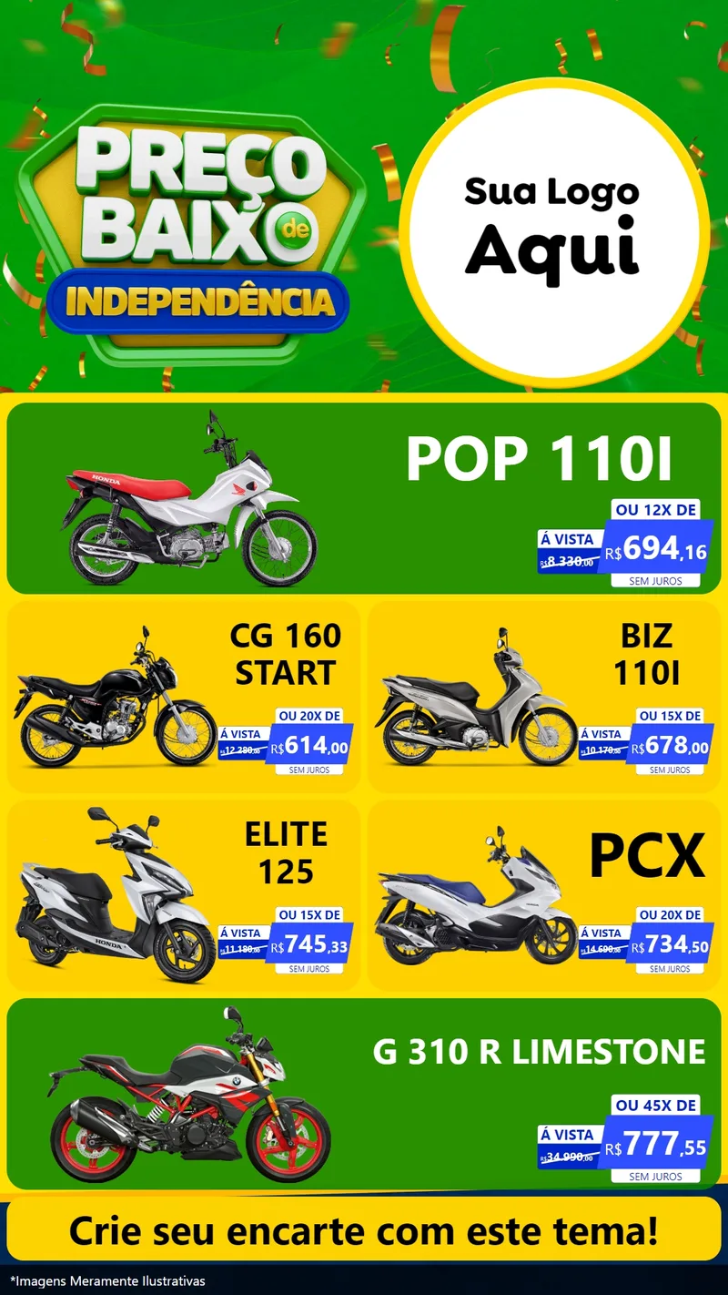 Modelo de TV para TV Vertical com o tema Preço Baixo de Independência para Concessionaria de Motos