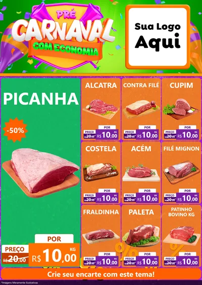 Modelo de Encarte para Encarte A4 Vertical com o tema Pré-Carnaval Com Economia para Açougue