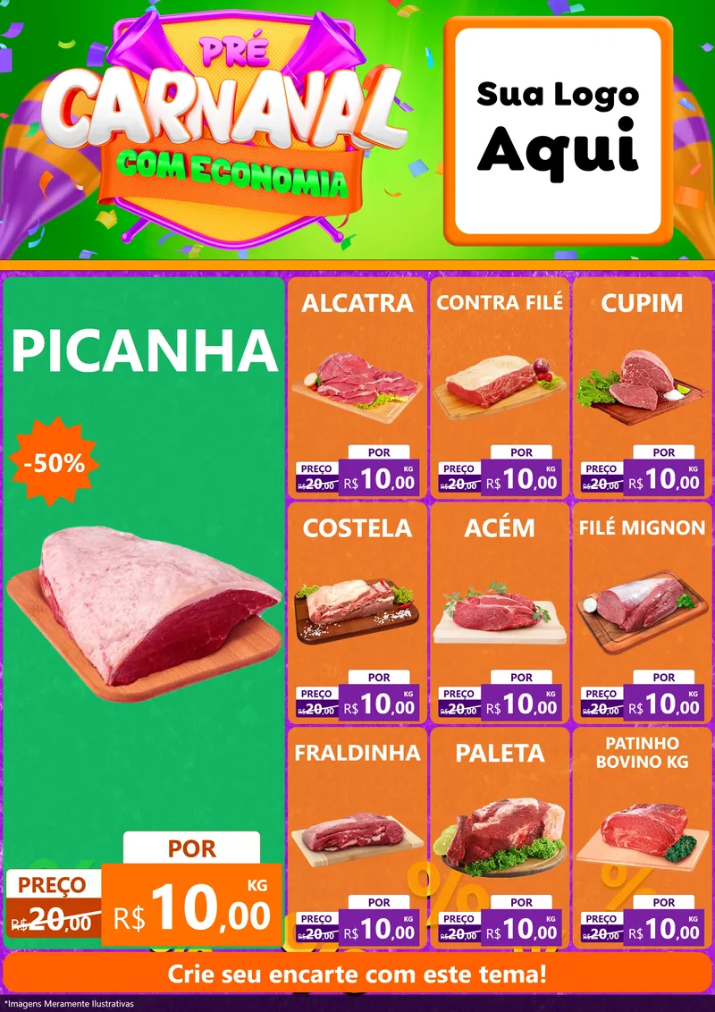 Modelo de Encarte para Encarte A4 Vertical com o tema Pré-Carnaval Com Economia para Açougue
