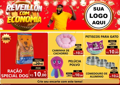 Modelo de Encarte para Encarte A4 Horizontal com o tema Réveillon com Economia para Pet Shop