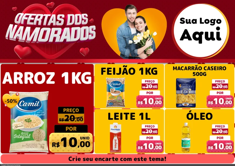 Modelo de Encarte para Encarte A4 Horizontal com o tema Ofertas Dos Namorados para Supermercado