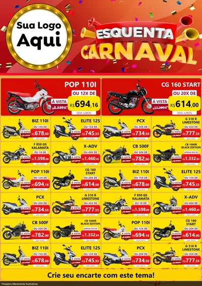Modelo de Encarte para Encarte A4 Vertical com o tema Esquenta Carnaval para Concessionaria de Motos