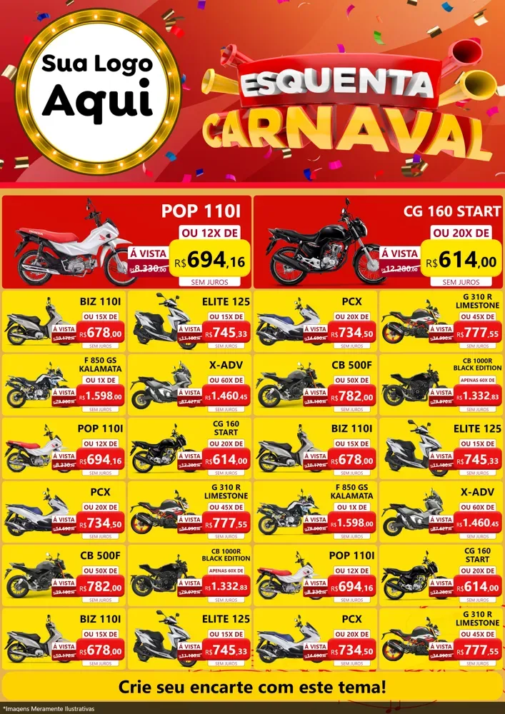 Modelo de Encarte para Encarte A4 Vertical com o tema Esquenta Carnaval para Concessionaria de Motos