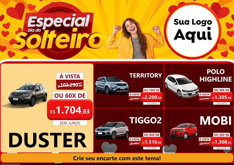 Modelo de Encarte para Encarte A4 Horizontal com o tema Especial Dia do Solteiro para Concessionaria de Carros