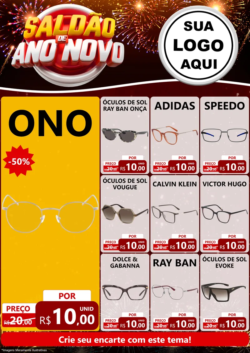 Modelo de Encarte para Encarte A4 Vertical com o tema Saldão de Ano Novo para Óticas