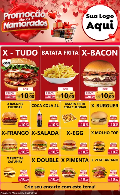 Modelo de Encarte para Encarte Grande com o tema Promoção Dia dos Namorados para Hamburgueria