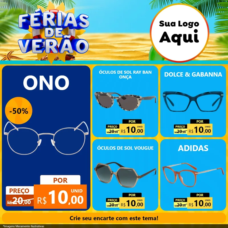 Modelo de Rede Social para Feed Facebook com o tema Férias de Verão para Óticas