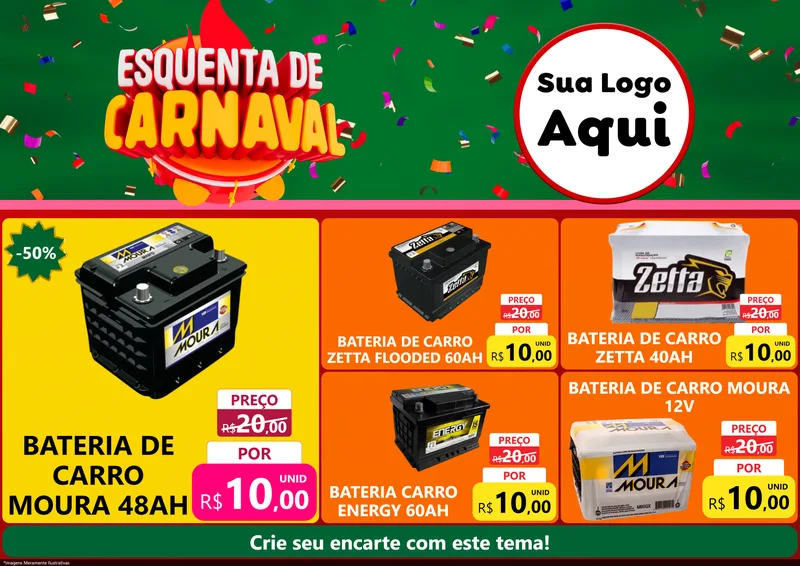 Modelo de Encarte para Encarte A4 Horizontal com o tema Esquenta de Carnaval para Baterias Elétricas