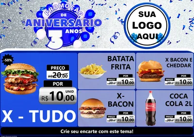 Modelo de Encarte para Encarte A4 Horizontal com o tema Promoção de Aniversário - 3 Anos para Hamburgueria