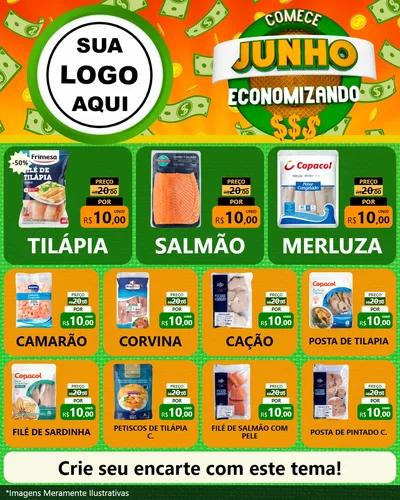 Modelo de Rede Social para Feed Instagram com o tema Comece Junho Economizando para Peixaria