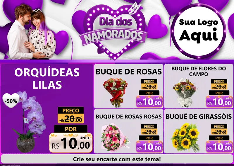 Modelo de Encarte para Encarte A4 Horizontal com o tema Dia dos Namorados para Floricultura e jardim