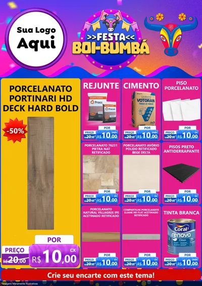 Modelo de Encarte para Encarte A4 Vertical com o tema Festa Boi-Bumbá para Pisos e revestimentos