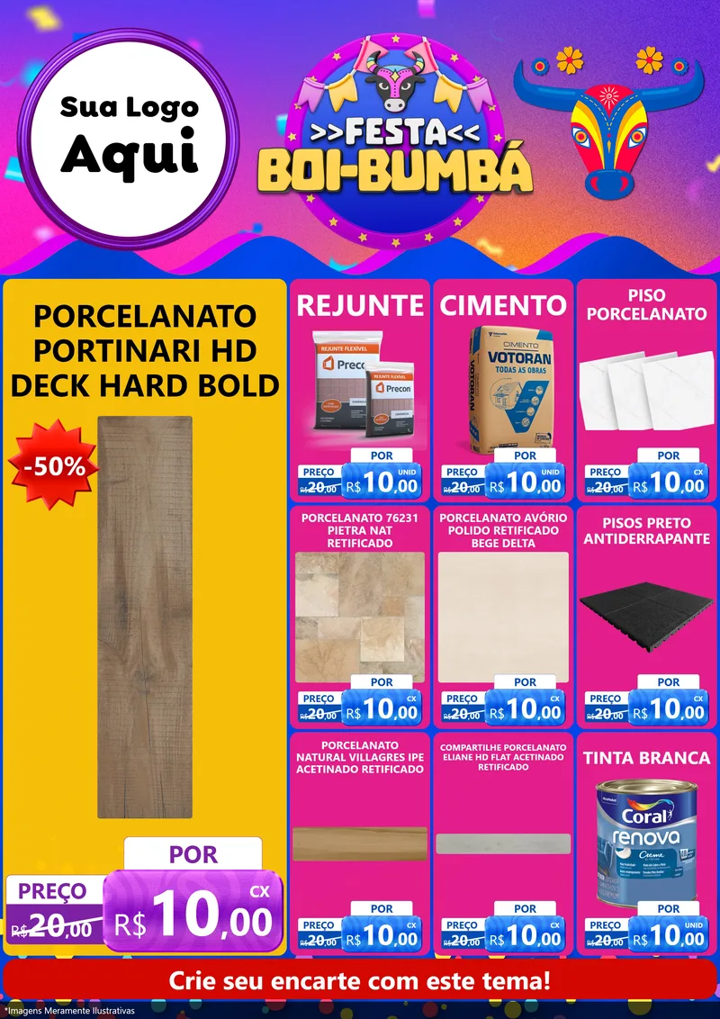 Modelo de Encarte para Encarte A4 Vertical com o tema Festa Boi-Bumbá para Pisos e revestimentos