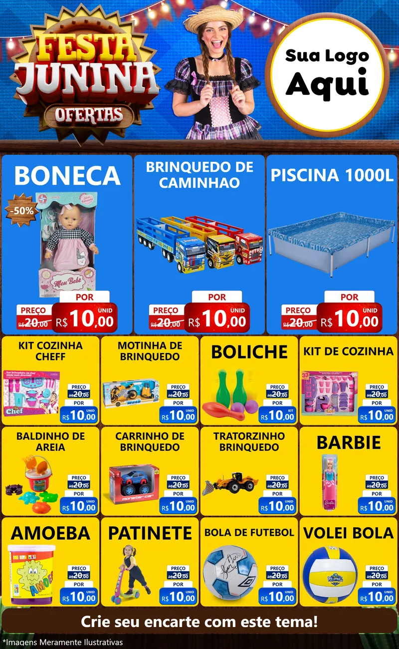 Modelo de Encarte para Encarte Grande com o tema Festa Junina Ofertas para Brinquedos