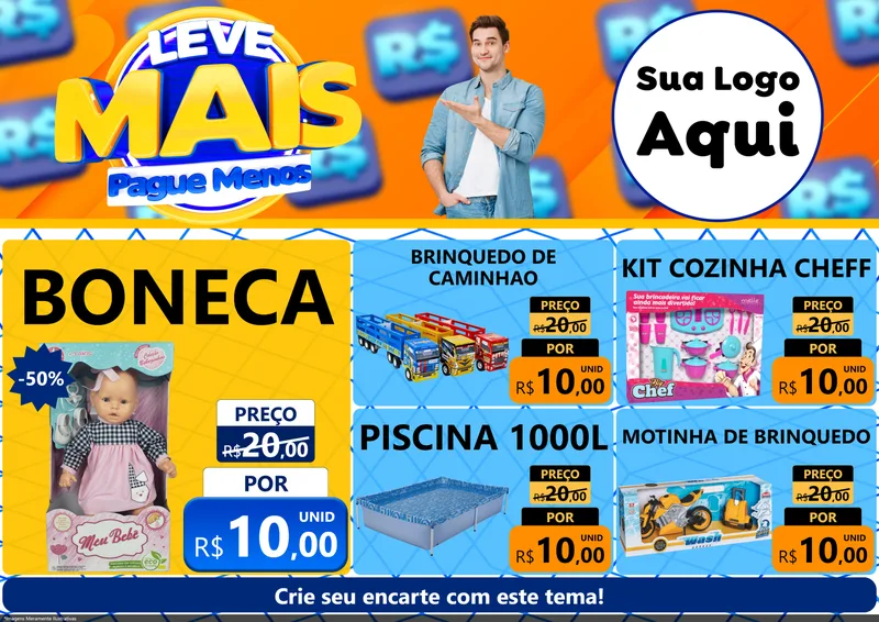 Modelo de Encarte para Encarte A4 Horizontal com o tema Leve Mais, Pague Menos para Brinquedos