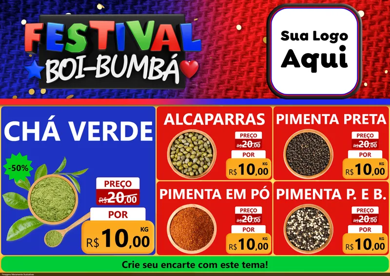 Modelo de Encarte para Encarte A4 Horizontal com o tema Festival Boi-Bumbá para Produtos Naturais
