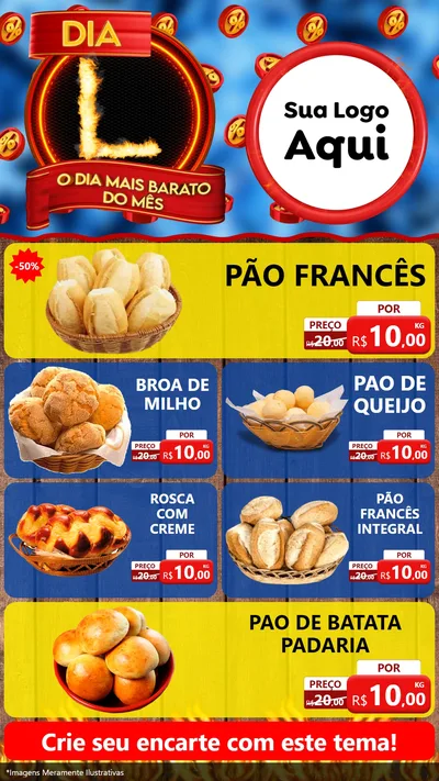 Modelo de TV para TV Vertical com o tema Dia L - O Dia Mais Barato Do Mês para Padaria