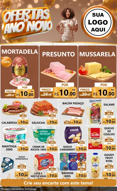 Modelo de Encarte para Encarte Grande com o tema Ofertas de Ano Novo para Frios e Laticínios