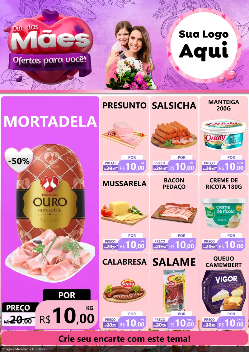 Modelo de Encarte para Encarte A4 Vertical com o tema Dia das Mães Ofertas para Você! para Frios e Laticínios