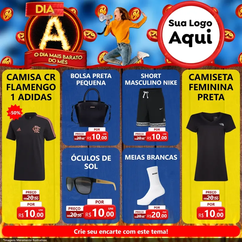 Modelo de Rede Social para Feed Facebook com o tema Dia A - O Dia Mais Barato Do Mês para Roupas e acessórios