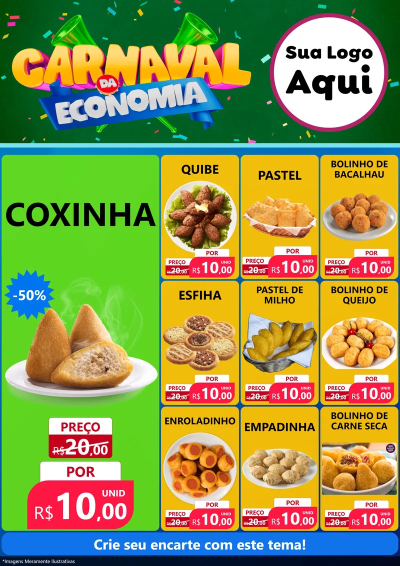 Modelo de Encarte para Encarte A4 Vertical com o tema Carnaval da Economia para Salgadaria