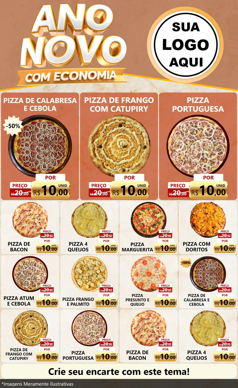 Modelo de Encarte para Encarte Grande com o tema Ano Novo Com Economia para Pizzaria