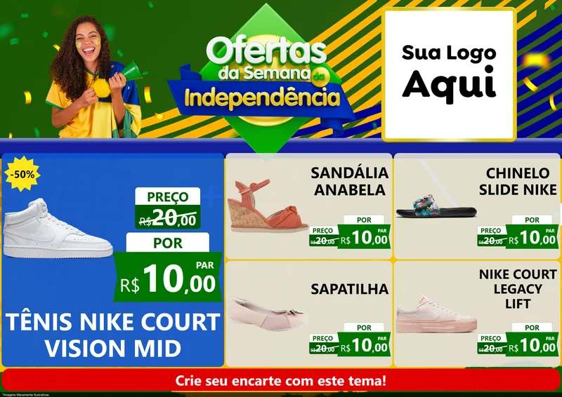Modelo de Encarte para Encarte A4 Horizontal com o tema Ofertas da Semana da Independência para Calçados