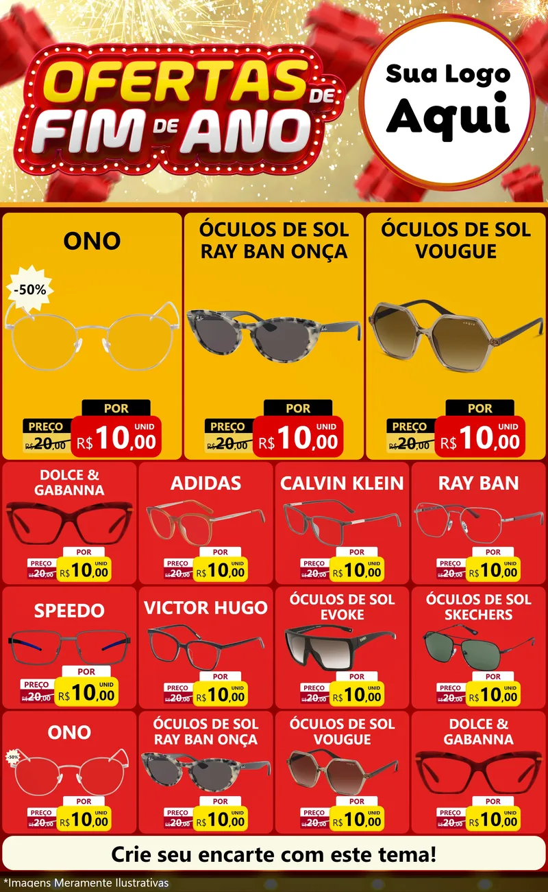 Modelo de Encarte para Encarte Grande com o tema Ofertas de Fim de Ano para Óticas
