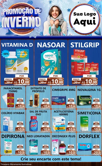 Modelo de Encarte para Encarte Grande com o tema Promoção de Inverno para Farmácia