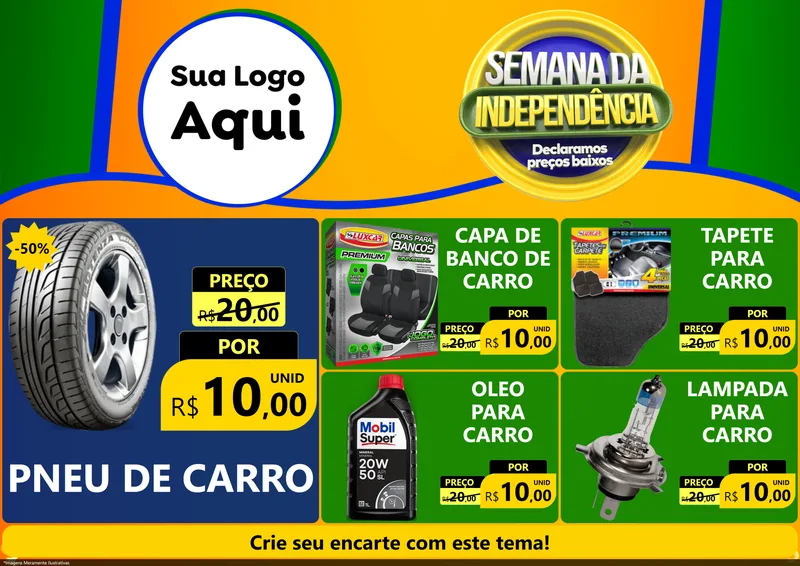 Modelo de Encarte para Encarte A4 Horizontal com o tema Semana da Independência Declaramos Preços Baixos para Auto peças
